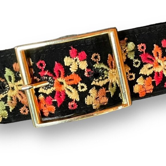 Vintage 1960s Malbe Womens Maxi Skirt XS Black Velvet Floral Embroidered Belted - Picture 7 of 9